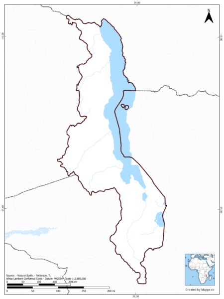 Blank map of Malawi showing borders and no labels, in color.