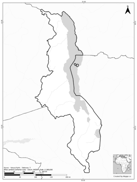 Blank black and white map of Malawi with borders and no labels.