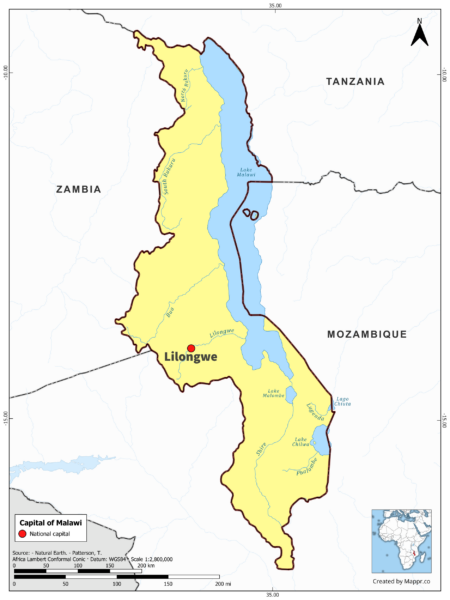 Map highlighting Lilongwe, the capital of Malawi, with country borders, in color.