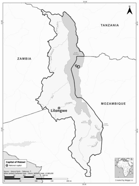 Black and white map highlighting Lilongwe, the capital of Malawi.