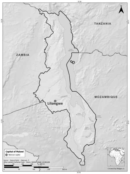 Black and white map of Malawi highlighting Lilongwe as the capital, with neighboring countries.