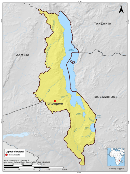 Map highlighting Lilongwe, the capital of Malawi, with surrounding countries and geographical features, in color.