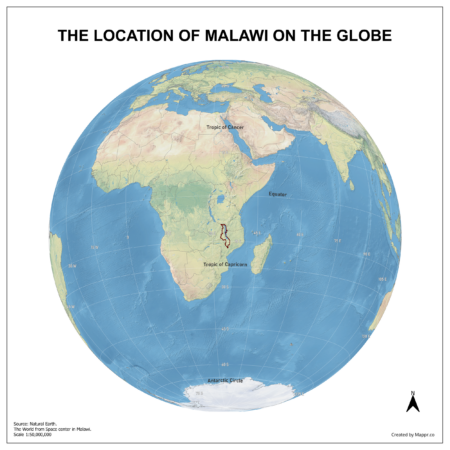 Map showing Malawi's location on a globe, highlighted in red on the African continent.