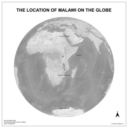 Map showing Malawi's location on a globe, highlighted in red on the African continent.