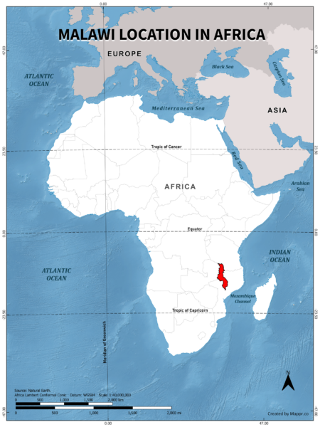 Malawi location on world map, color version.