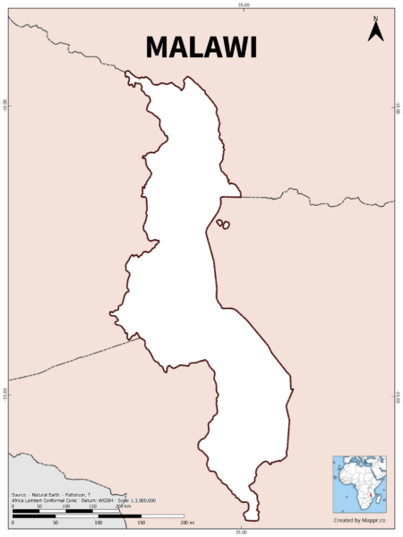 Outline map of Malawi with country borders in color.