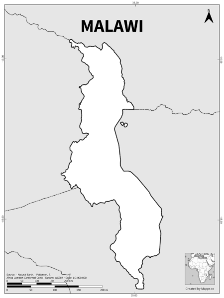 Black and white outline map of Malawi, showing the country's borders.