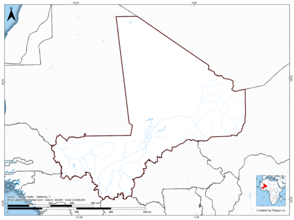 Blank map of Mali showing borders and no labels, in color.