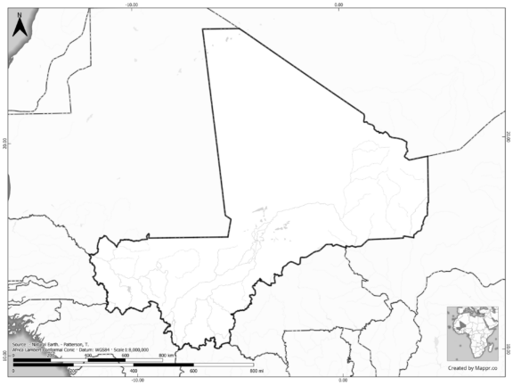 Blank black and white map of Mali with borders and no labels.