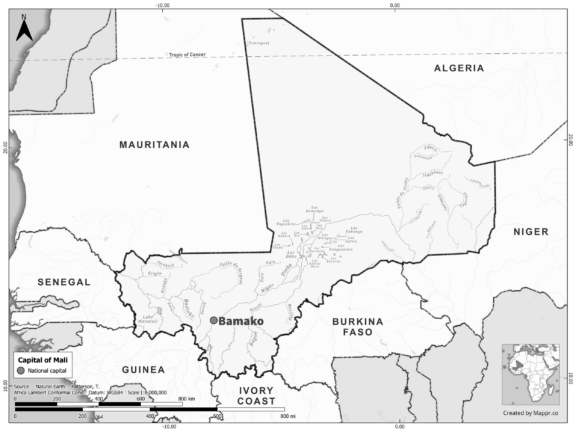 Black and white map highlighting Bamako, the capital of Mali.