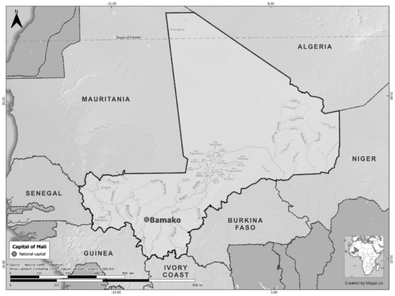 Black and white map of Mali highlighting Bamako as the capital, with neighboring countries.
