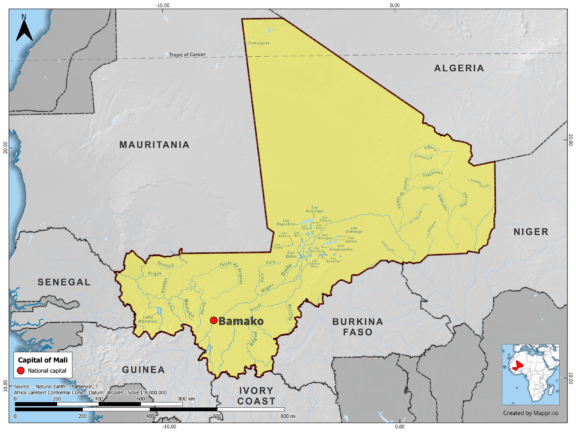 Map highlighting Bamako, the capital of Mali, with surrounding countries and geographical features, in color.