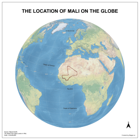 Map showing Mali's location on a globe, highlighted in red on the African continent.