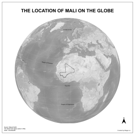 Map showing Mali's location on a globe, highlighted in red on the African continent.
