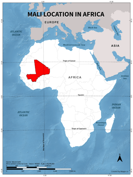 Mali location on world map, color version.