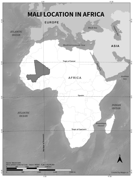 Mali location on world map, black and white version.