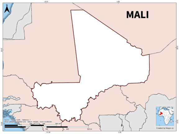 Outline map of Mali with country borders in color.