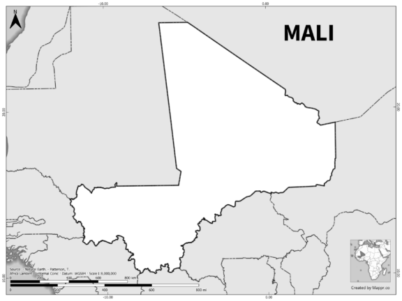 Black and white outline map of Mali, showing the country's borders.