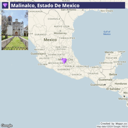 Map showing the location of Malinalco, Estado de Mexico, with an inset image of an old church and lush green foreground.