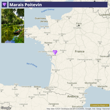 A screenshot of a map with "Marais Poitevin" at the top, showing a portion of Western Europe centered on France with an inset photo in the upper left of a boat on a tree-lined canal. A pin marker near La Rochelle indicates the location of Marais Poitevin. Major cities and countries are labeled. The map is attributed to Google and Mapprr.co.