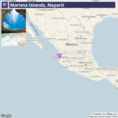 A map showing the location of Marieta Islands in Nayarit, Mexico with an inset image of the islands' famous hidden beach.