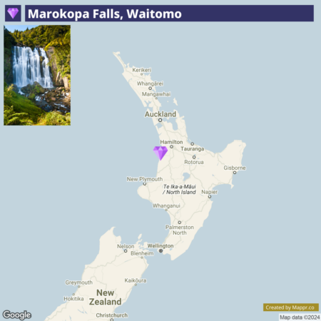 A labeled map of New Zealand emphasizing Marokopa Falls, Waitomo on the North Island, with an inset photograph showing a lush view of Marokopa Falls.