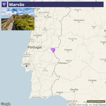 A map highlighting the location of Marvão in Portugal, with a pin marker and an inset image in the upper left corner showcasing a historic fortress on a hilltop surrounded by greenery.