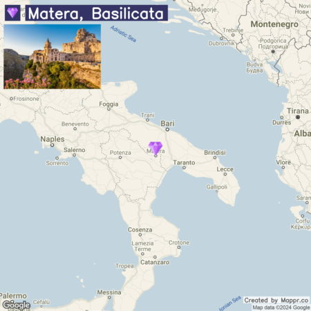 A map showing the location of Matera in the region of Basilicata, Italy, with a small inset image of the ancient town and its rocky landscape in the upper left corner.