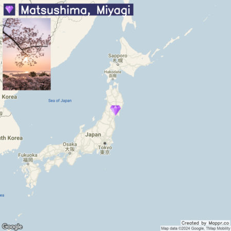 A map highlighting the location of Matsushima in Miyagi Prefecture, Japan, with an inset photograph of cherry blossoms at sunset.