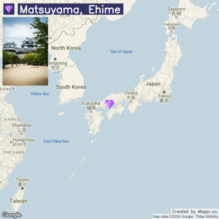 A map highlighting Matsuyama in Ehime Prefecture, Japan, with an inset showing a photo of a traditional Japanese castle, and location markers over Fukuoka and surrounding East Asian regions.