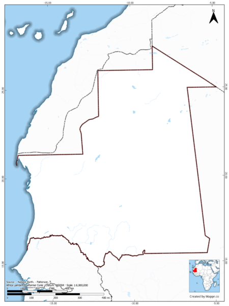 Blank map of Mauritania showing borders and no labels, in color.