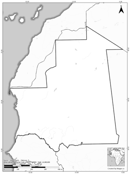Blank black and white map of Mauritania with borders and no labels.