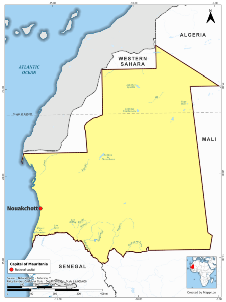 Map highlighting Nouakchott, the capital of Mauritania, with country borders, in color.