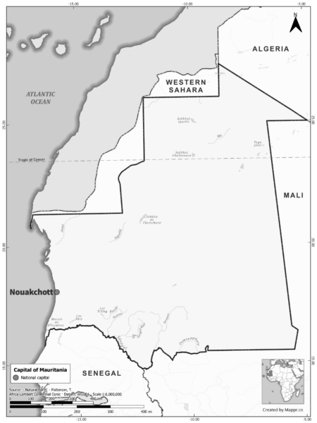 Black and white map highlighting Nouakchott, the capital of Mauritania.