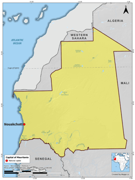 Map highlighting Nouakchott, the capital of Mauritania, with surrounding countries and geographical features, in color.