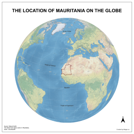 Map showing Mauritania's location on a globe, highlighted in red on the African continent.