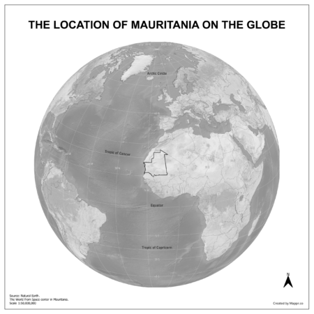 Map showing Mauritania's location on a globe, highlighted in red on the African continent.