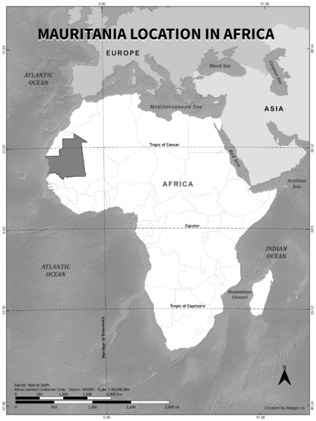 Mauritania location on world map, black and white version.