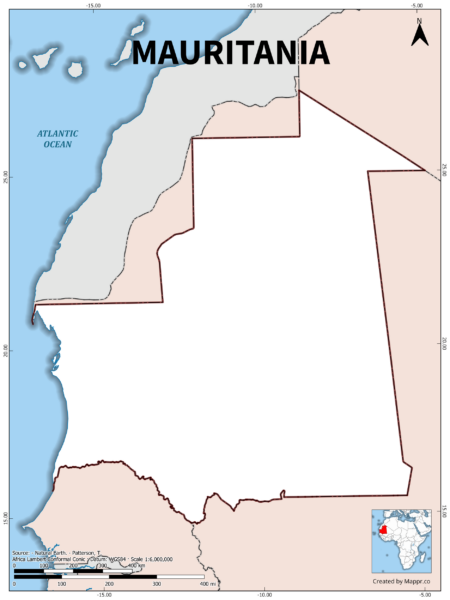Outline map of Mauritania with country borders in color.