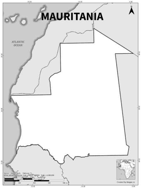 Black and white outline map of Mauritania, showing the country's borders.