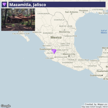 An image showing a map of Mexico with a highlighted area labeled "Mazamitla, Jalisco" in the state of Jalisco. There is an inset picture in the upper left corner showing a rustic cabin in a wooded area, suggesting the geographic context of Mazamitla within Mexico.