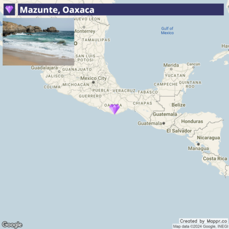 A digital map showing Mazunte, Oaxaca, located on the southern coast of Mexico, with an overlaid image of a beach with rocks and waves in the upper left corner. The map includes nearby states and countries with a purple location marker indicating Mazunte.