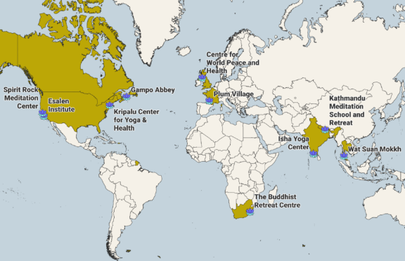 A world map highlighting various meditation and yoga centers, such as Spirit Rock Meditation Center, Esalen Institute, Gampo Abbey, Kripalu Center for Yoga & Health, Centre for World Peace and Health, Plum Village, Kathmandu Meditation School and Retreat, Isha Yoga Center, Wat Suan Mokkh, and The Buddhist Retreat Centre, with markers indicating their locations in North America, Europe, Asia, and Africa.