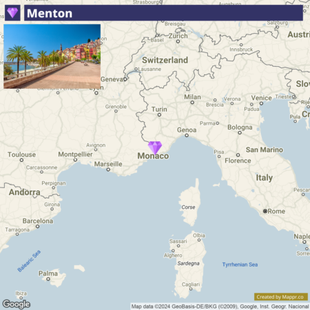 An image of a Google map highlighting the location of Menton, France, near the French-Italian border and Monaco, along with a small inset photo in the upper left corner displaying a scenic view of Menton's seaside promenade lined with palm trees and colorful buildings.