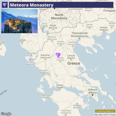 A map highlighting the location of Meteora Monastery in Greece, with an inset photo of the monastery perched atop a high rock formation. The map shows surrounding geographical details including neighboring cities and country borders.