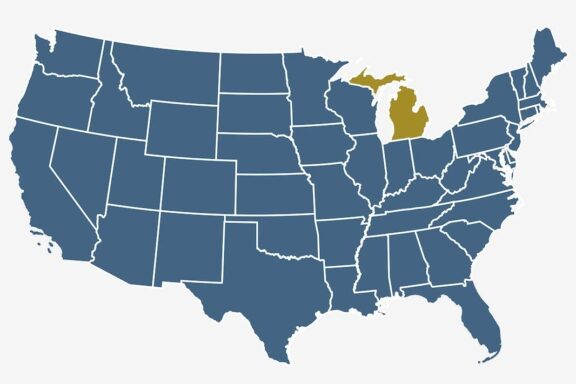 A stylized map of the United States with state boundaries marked and one state highlighted in a different color.