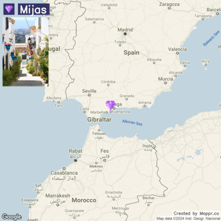 A map showing the southern region of Spain and the northern part of Morocco with a purple diamond marker indicating the location of Mijas, along with an inset photo of a picturesque street in Mijas.