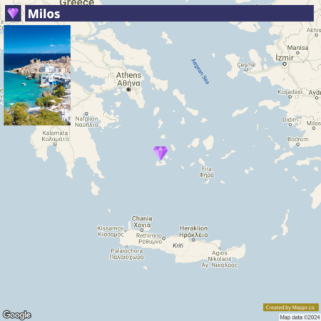 A digital map highlighting the location of Milos in the Aegean Sea with surrounding areas of Greece, including Athens and various islands. A purple diamond marker indicates the position of Milos.