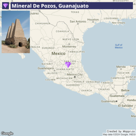 A map showing the location of Mineral de Pozos in Guanajuato, Mexico, marked with a purple pointer; an inset photo features an old stone structure with a conical tower.