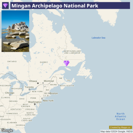 A map highlighting the location of Mingan Archipelago National Park in Eastern Canada, with an inset photograph of rocky formations along the coastline in the top left corner.